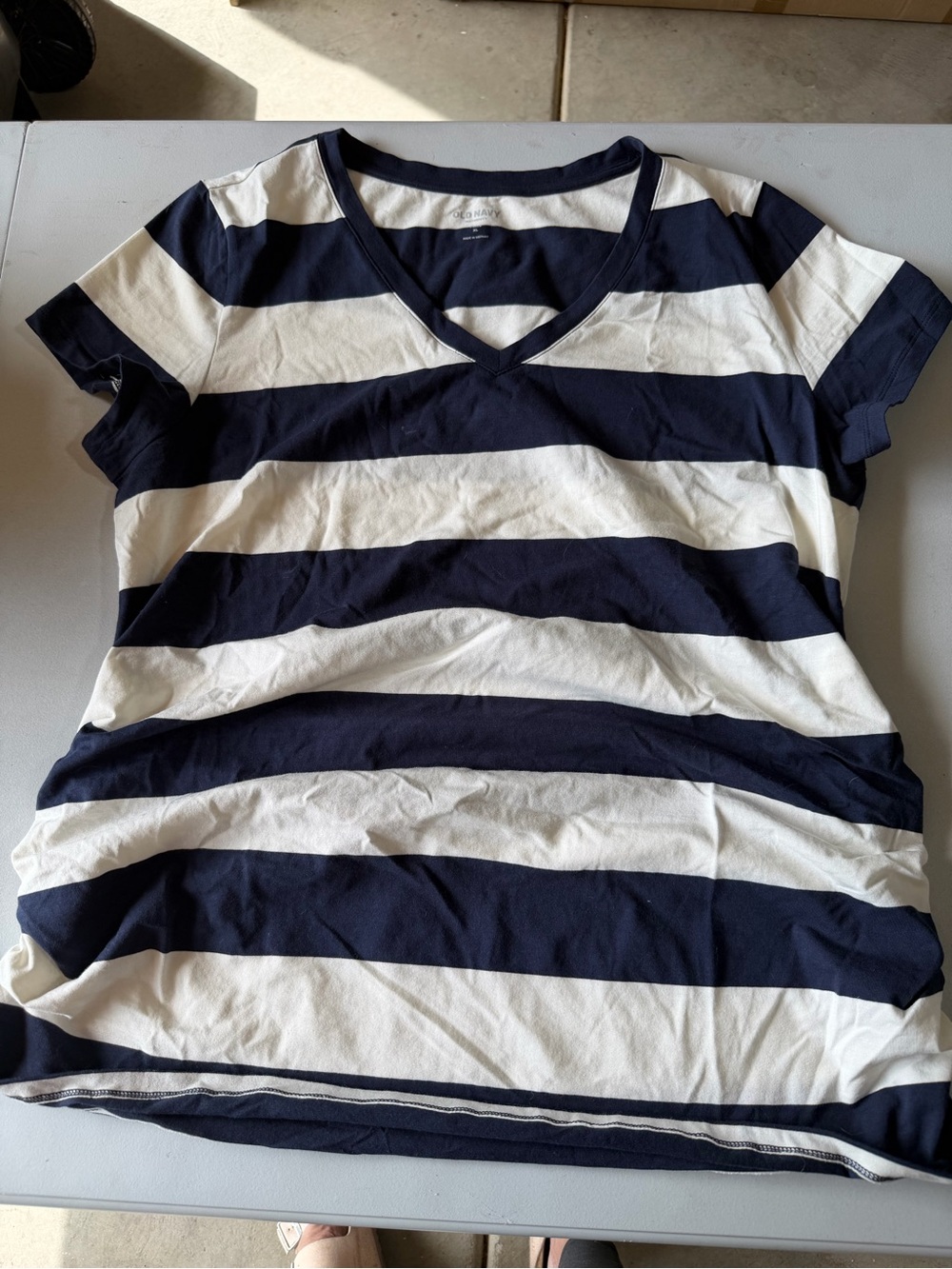 Striped V-Neck Tee - Navy and White